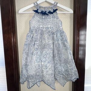 Artisan NY blue & white print sun dress Girls Size 6 (Tassels, Handkerchief Hem)